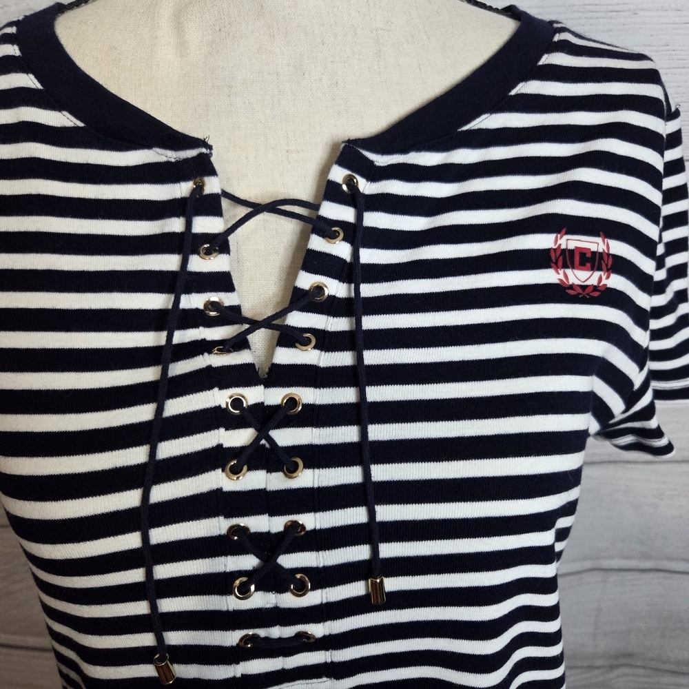 Chaps Navy and White Striped Dress, Size L - Picture 2 of 5